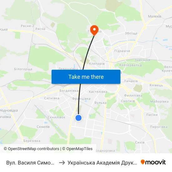 Вул. Василя Симоненка to Українська Академія Друкарства map