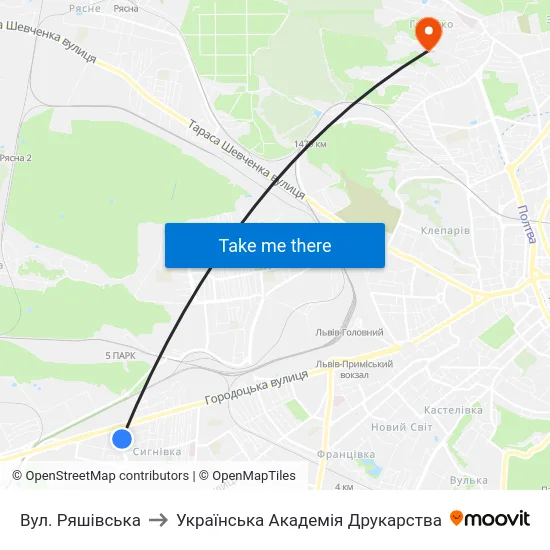 Вул. Ряшівська to Українська Академія Друкарства map