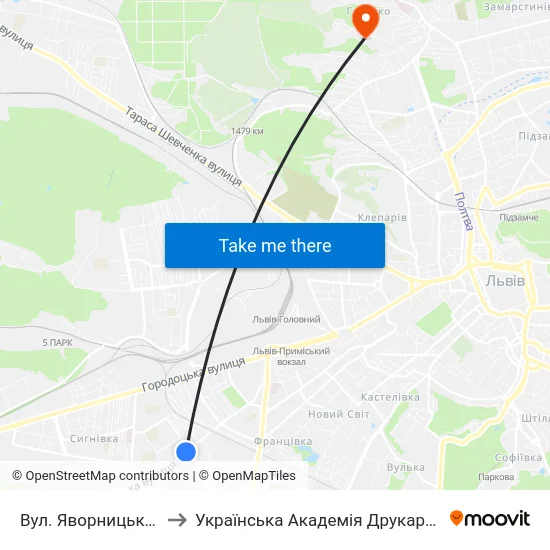 Вул. Яворницького to Українська Академія Друкарства map
