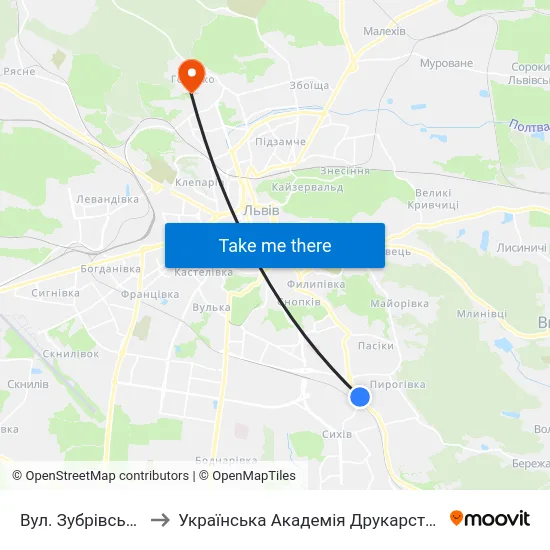 Вул. Зубрівська to Українська Академія Друкарства map