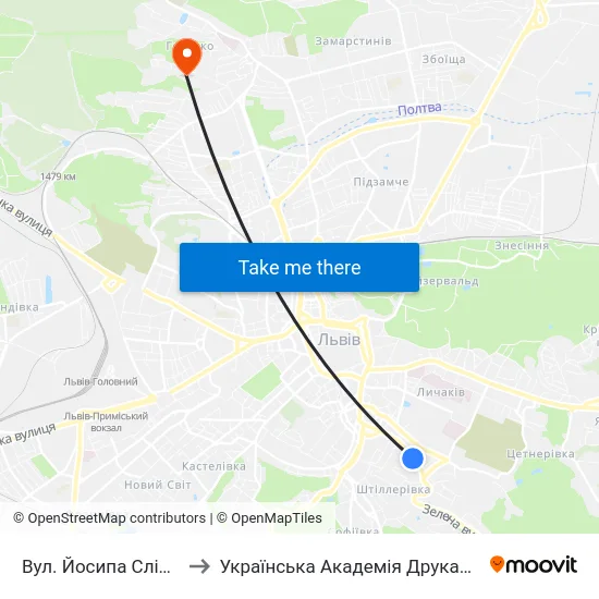 Вул. Йосипа Сліпого to Українська Академія Друкарства map