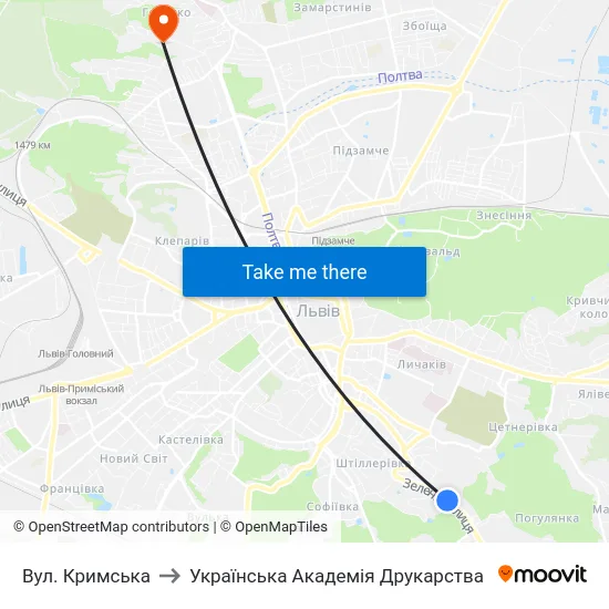 Вул. Кримська to Українська Академія Друкарства map