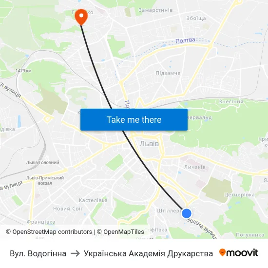 Вул. Водогінна to Українська Академія Друкарства map