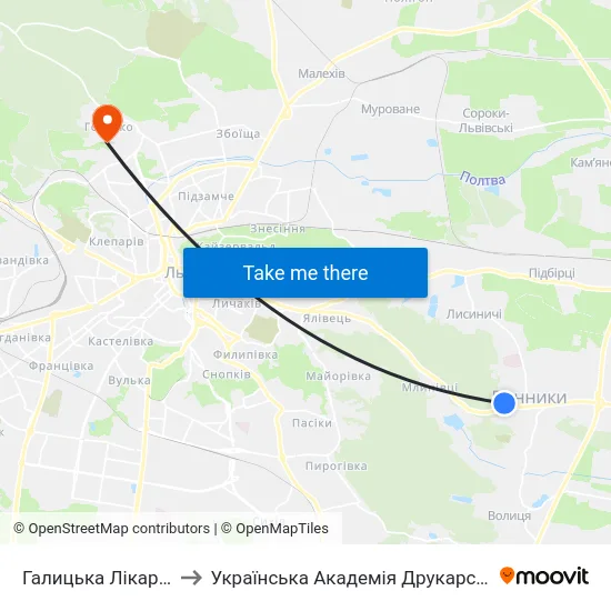 Галицька Лікарня to Українська Академія Друкарства map