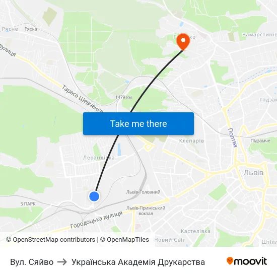 Вул. Сяйво to Українська Академія Друкарства map