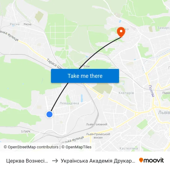 Церква Вознесіння to Українська Академія Друкарства map