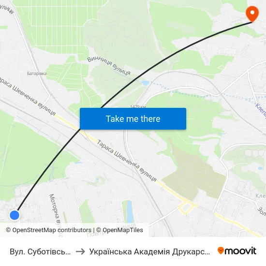 Вул. Суботівська to Українська Академія Друкарства map