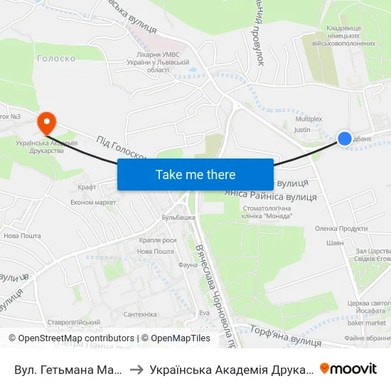 Вул. Гетьмана Мазепи to Українська Академія Друкарства map