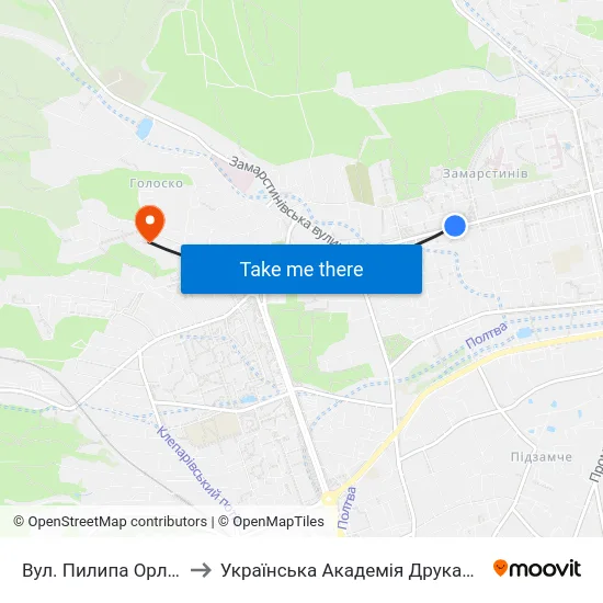 Вул. Пилипа Орлика to Українська Академія Друкарства map