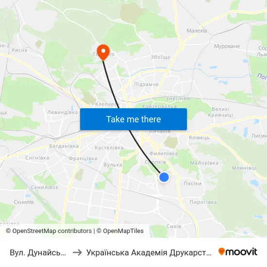 Вул. Дунайська to Українська Академія Друкарства map