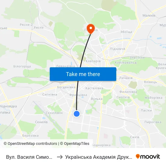 Вул. Василя Симоненка to Українська Академія Друкарства map
