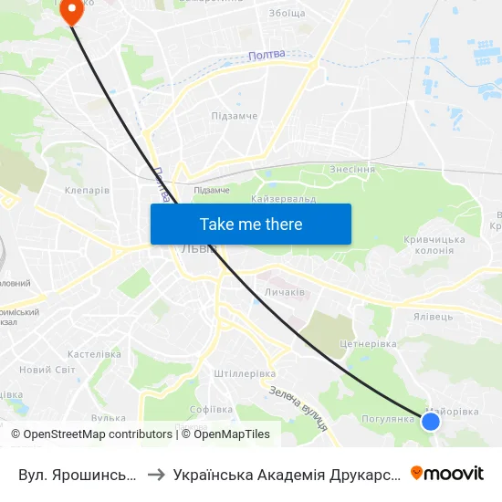 Вул. Ярошинської to Українська Академія Друкарства map