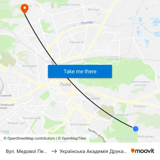 Вул. Медової Печери to Українська Академія Друкарства map