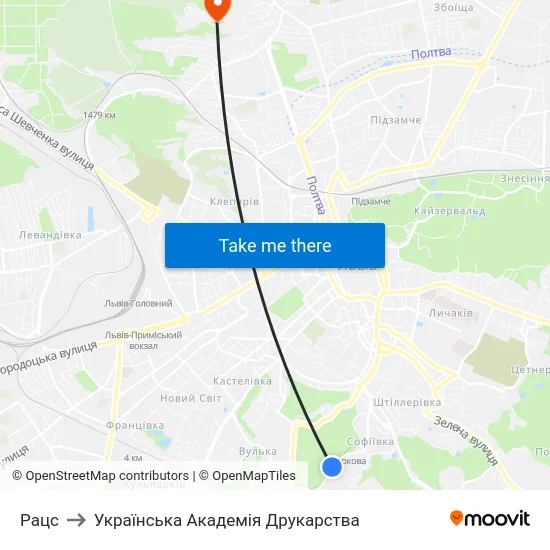 Рацс to Українська Академія Друкарства map