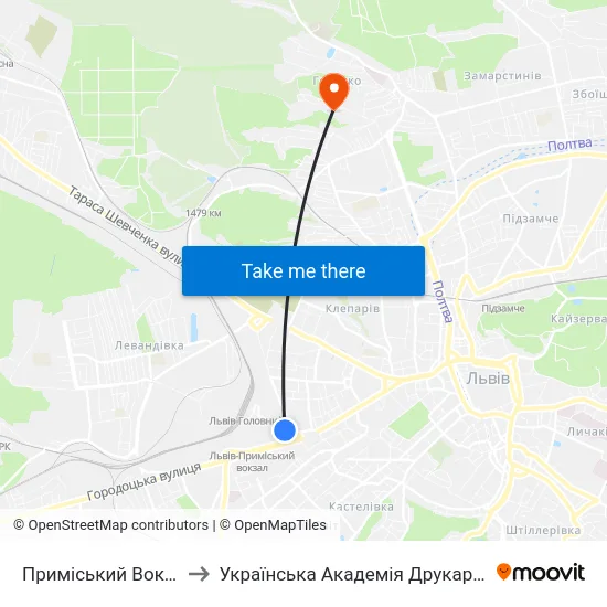 Приміський Вокзал to Українська Академія Друкарства map