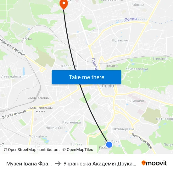Музей Івана Франка to Українська Академія Друкарства map