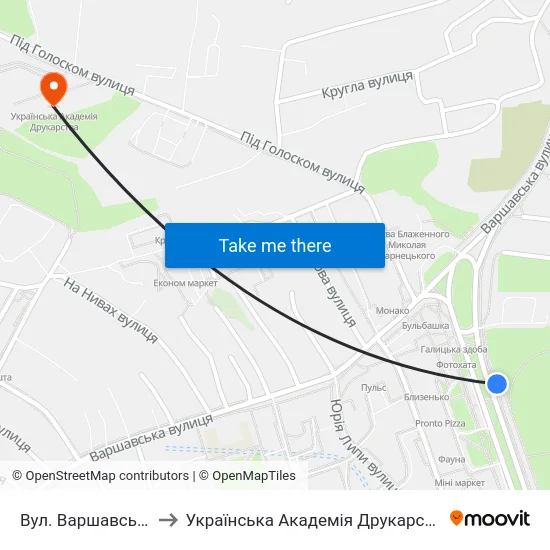 Вул. Варшавська to Українська Академія Друкарства map