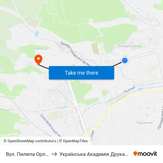 Вул. Пилипа Орлика to Українська Академія Друкарства map