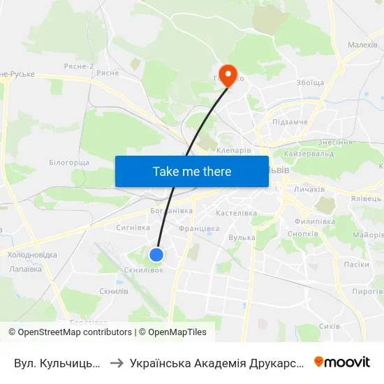Вул. Кульчицької to Українська Академія Друкарства map