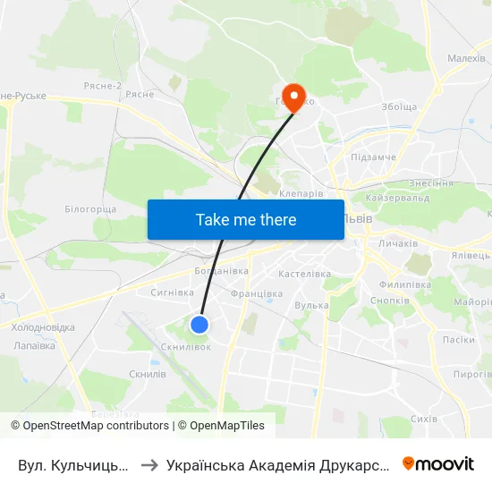 Вул. Кульчицької to Українська Академія Друкарства map