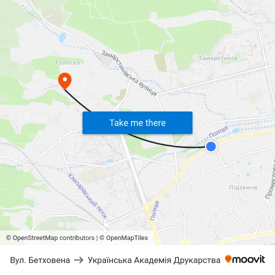 Вул. Бетховена to Українська Академія Друкарства map