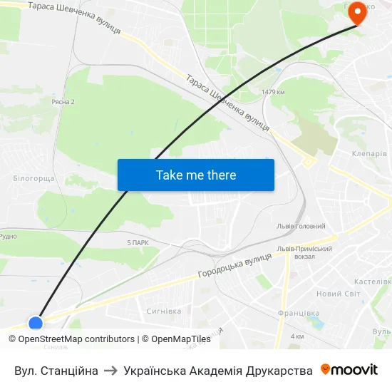 Вул. Станційна to Українська Академія Друкарства map