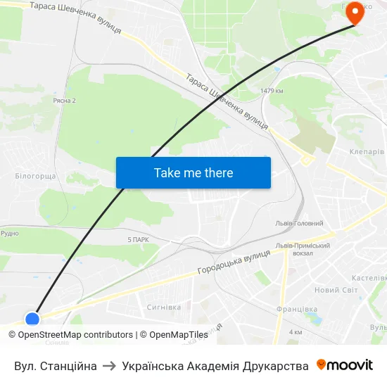 Вул. Станційна to Українська Академія Друкарства map