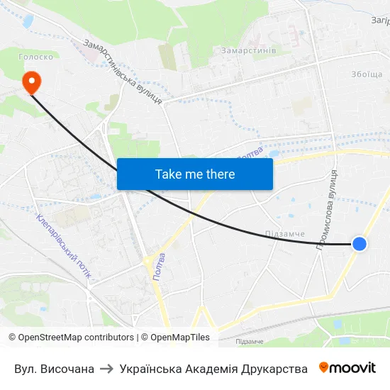 Вул. Височана to Українська Академія Друкарства map