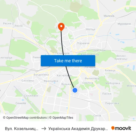 Вул. Козельницька to Українська Академія Друкарства map