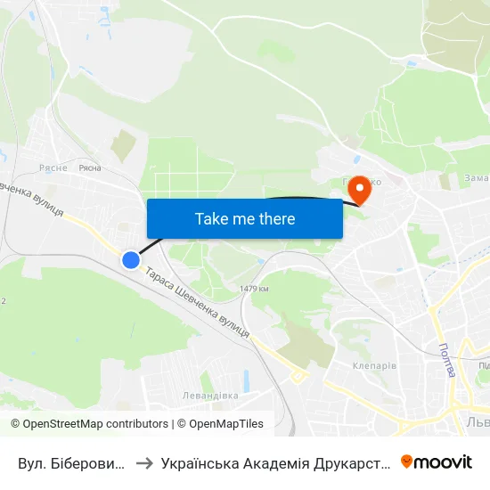 Вул. Біберовича to Українська Академія Друкарства map