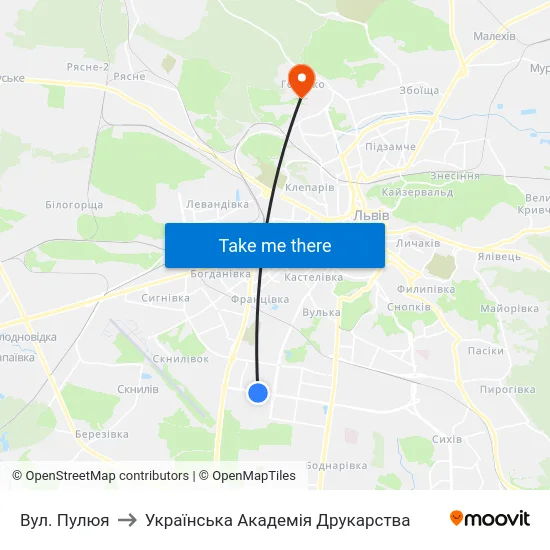Вул. Пулюя to Українська Академія Друкарства map