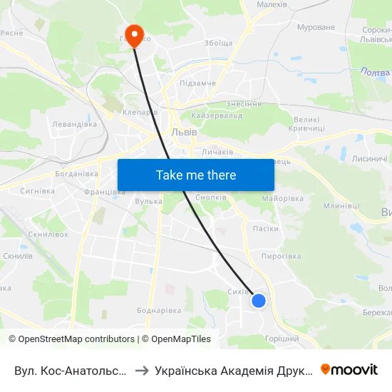 Вул. Кос-Анатольського to Українська Академія Друкарства map