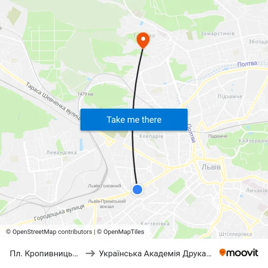 Пл. Кропивницького to Українська Академія Друкарства map