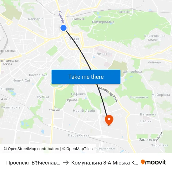 Проспект В’Ячеслава Чорновола to Комунальна 8-А Міська Клінічна Лікарня map