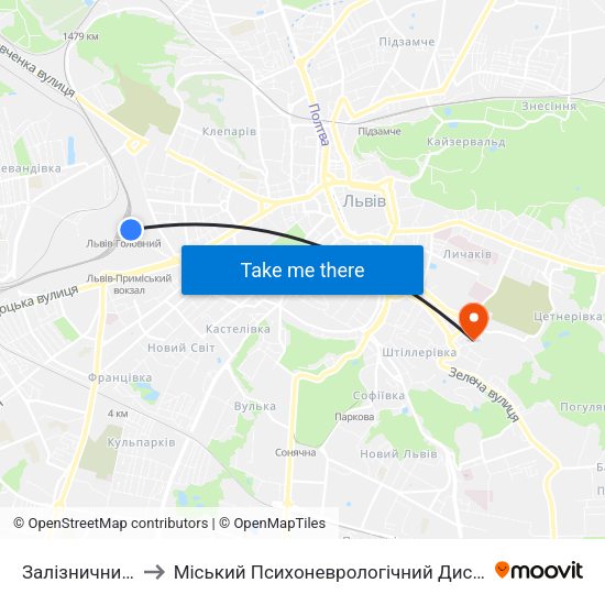 Залізничний Вокзал to Міський Психоневрологічний Диспансер, Стаціонар №1 map