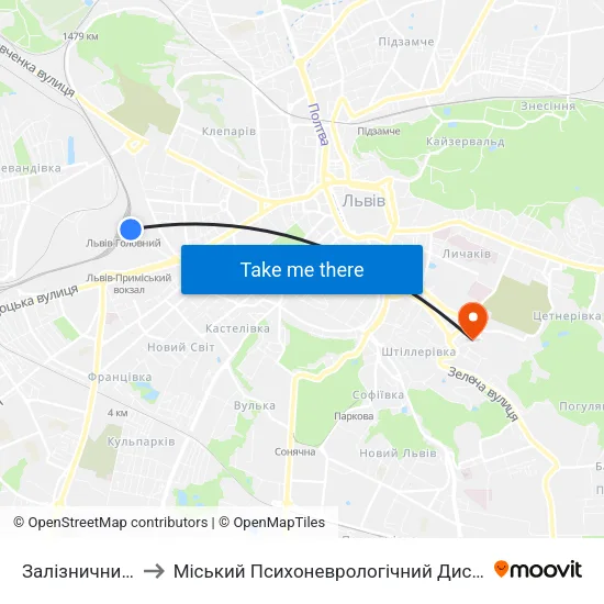 Залізничний Вокзал to Міський Психоневрологічний Диспансер, Стаціонар №1 map