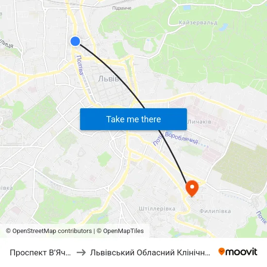 Проспект В’Ячеслава Чорновола to Львівський Обласний Клінічний Психоневрологічний Диспансер map