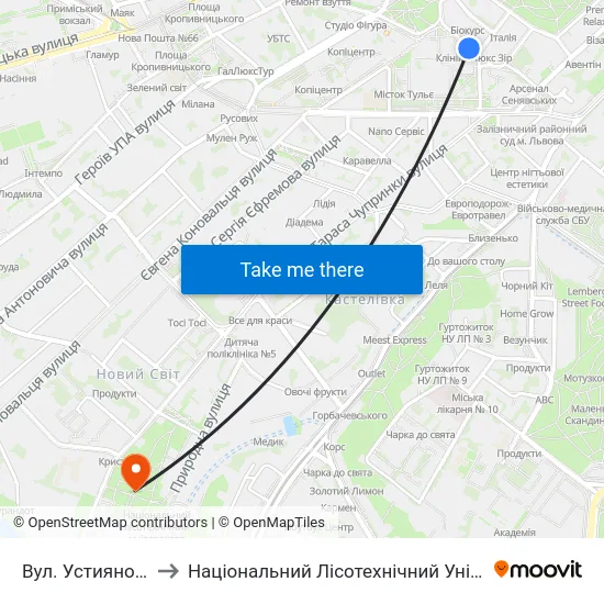 Вул. Устияновича to Національний Лісотехнічний Університет map