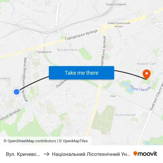 Вул. Кричевського to Національний Лісотехнічний Університет map