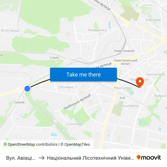 Вул. Авіаційна to Національний Лісотехнічний Університет map