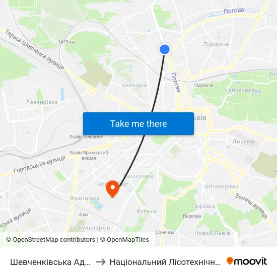 Шевченківська Адміністрація to Національний Лісотехнічний Університет map