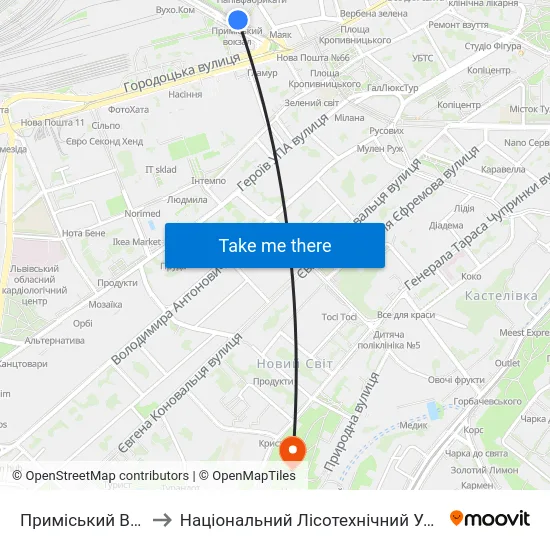 Приміський Вокзал to Національний Лісотехнічний Університет map