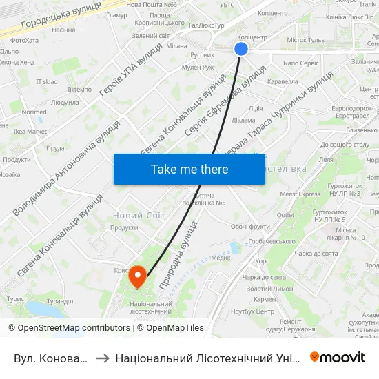 Вул. Коновальця to Національний Лісотехнічний Університет map
