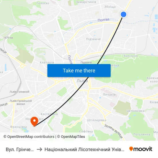 Вул. Грінченка to Національний Лісотехнічний Університет map