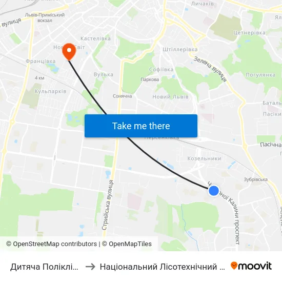Дитяча Поліклініка №4 to Національний Лісотехнічний Університет map
