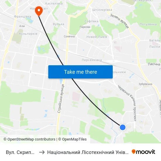 Вул. Скрипника to Національний Лісотехнічний Університет map
