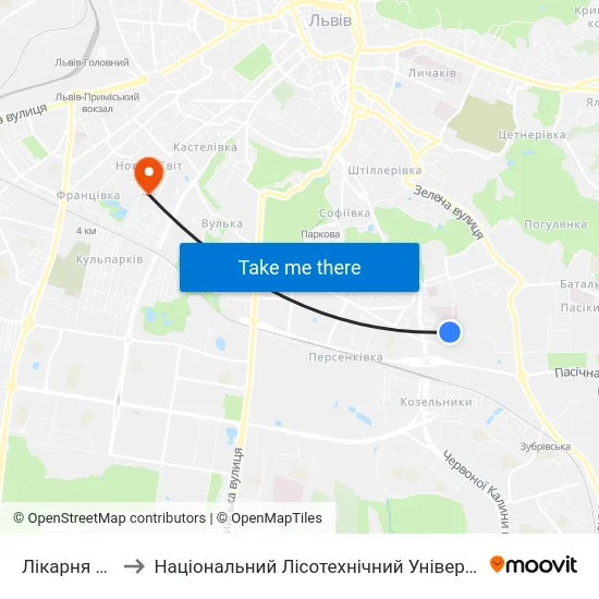 Лікарня №8 to Національний Лісотехнічний Університет map