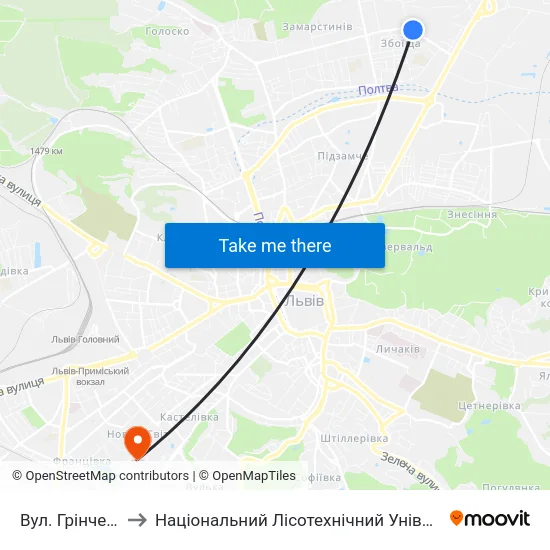Вул. Грінченка to Національний Лісотехнічний Університет map