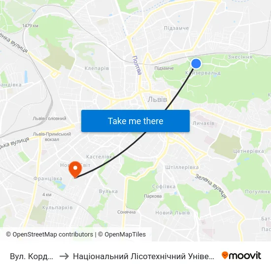 Вул. Кордуби to Національний Лісотехнічний Університет map