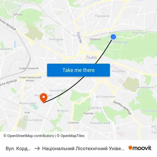 Вул. Кордуби to Національний Лісотехнічний Університет map